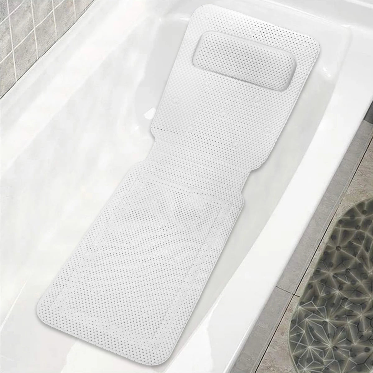 Non-slip Bathtub Cushion Mat with Suction Cup Full Body Rest Bath Pillow SPA Neck Cushion Hangable Bathroom Safety Accessories Zpaxo White