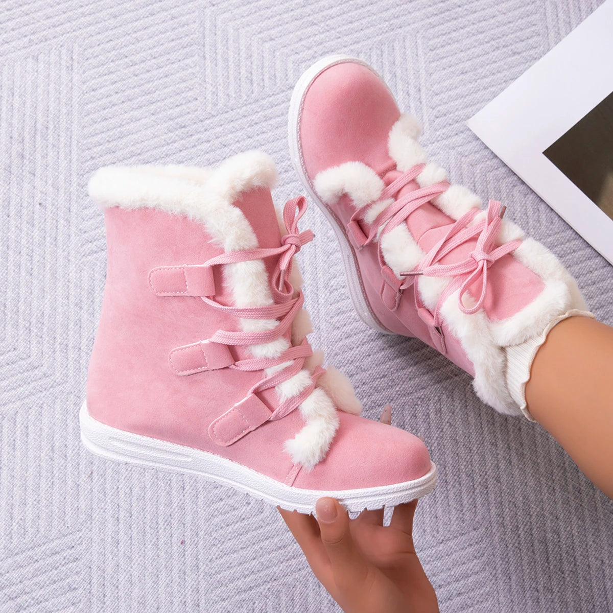 Women Shoes Winter New Plush Waterproof Anti-Slip Women Snow Boots Thermal Insulation Lace Up Outdoor Mid Calf Boots for Women Zpaxo Pink 42