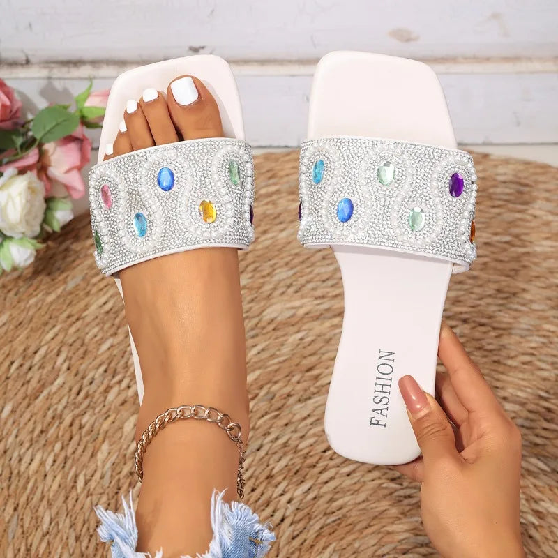 Women's Slippers Colorful Rhinestone Decor Sandals Summer Bling Zpaxo Beige 41