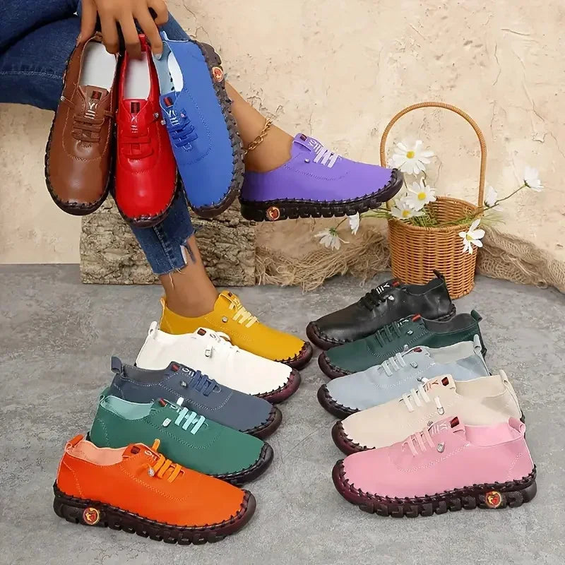 New Women Sneakers Comfortable Soft Leather Loafers Shoes for Women Hand Sewing Thread Mom Shoes Fashion Outdoor Sneakers Women Zpaxo
