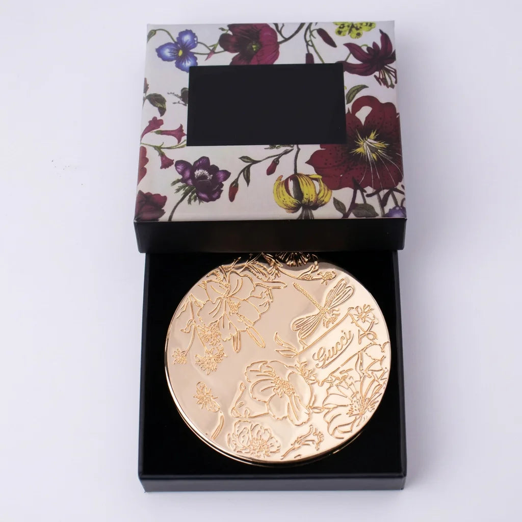 Vintage Gold Folding Compact Makeup Mirror – Floral Design