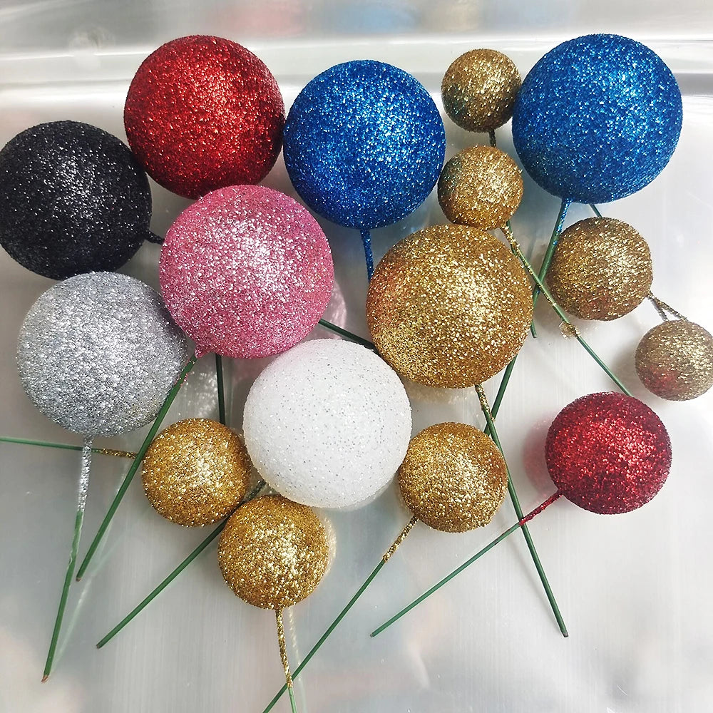 Glitter Metal Ball Cake Toppers Gold Silver Blue Pink Cupcake Topper