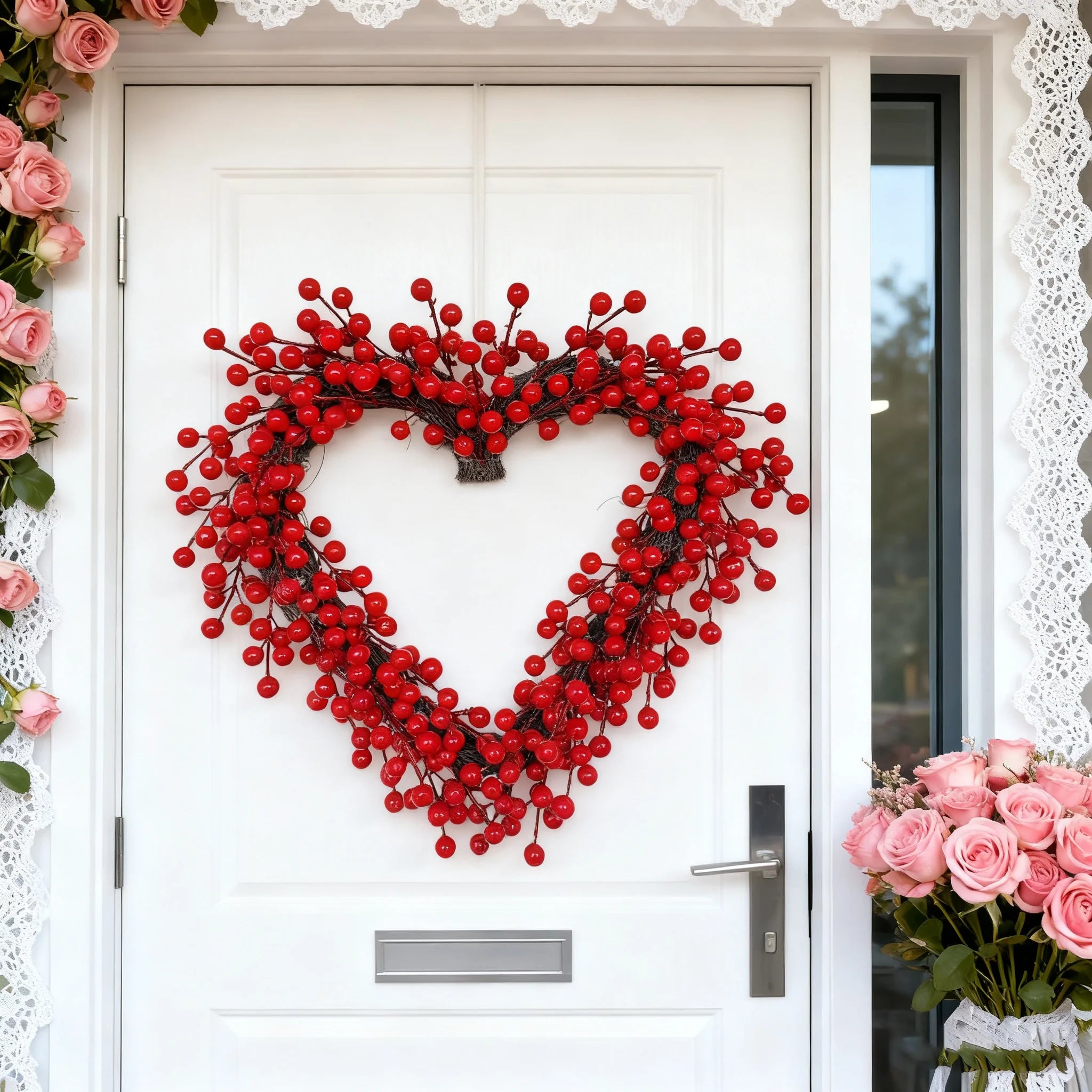 16 Heart Wreath Red Berries Valentine's Decor Door Wall Wedding Party Zpaxo