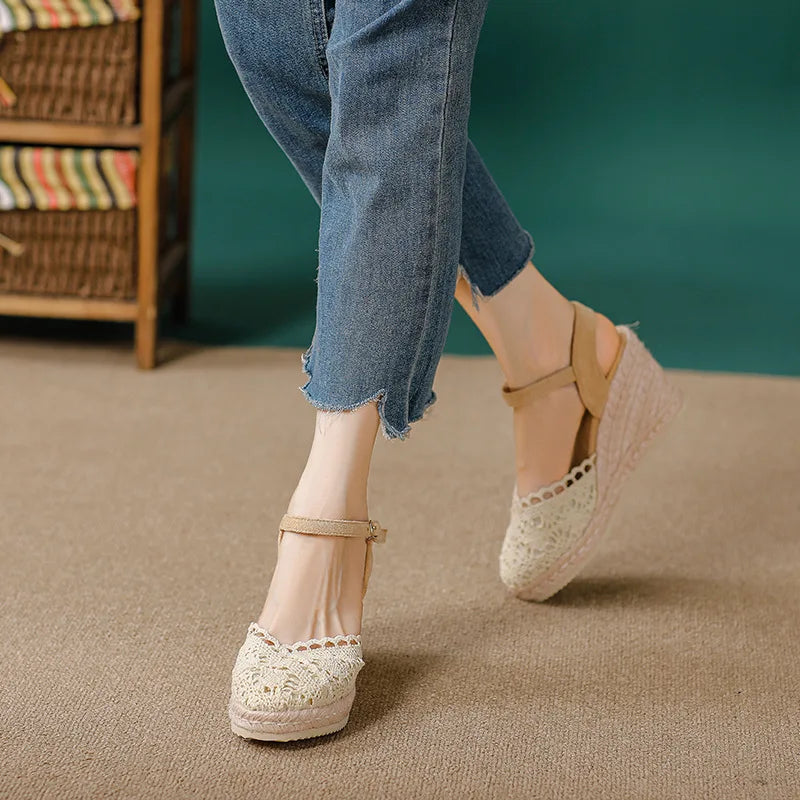 Slope Lace Heeled Sandals for Women Summer Black Thick Sole Waterproof Platform High Heels Gladiator Sandals Slippers for Women Zpaxo