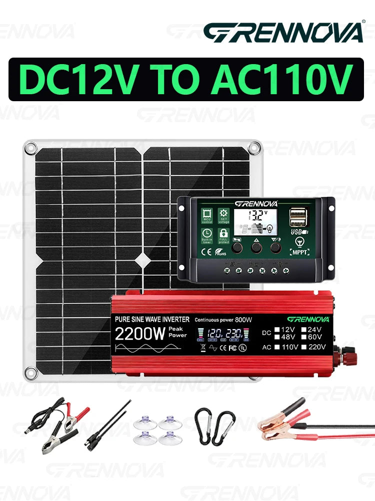 2200W Complete Grennova Solar Kit Pure Sine Inverter High Quality Panel 60A MPPT Controller Real Power For RV/Boat/Farm Home Zpaxo 110V Kit