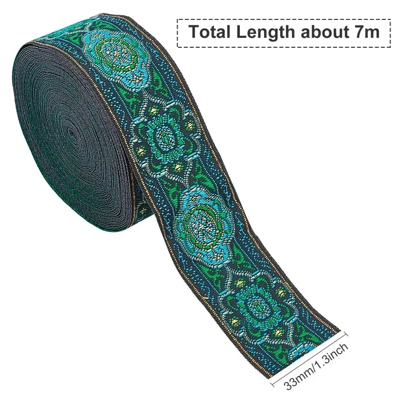 7 Yard Vintage Jacquard Ribbon Multipurpose High Quality Emobridered Woven Ribbon Floral Fabric Trim Fringe Boho Persian Ribbon Zpaxo green