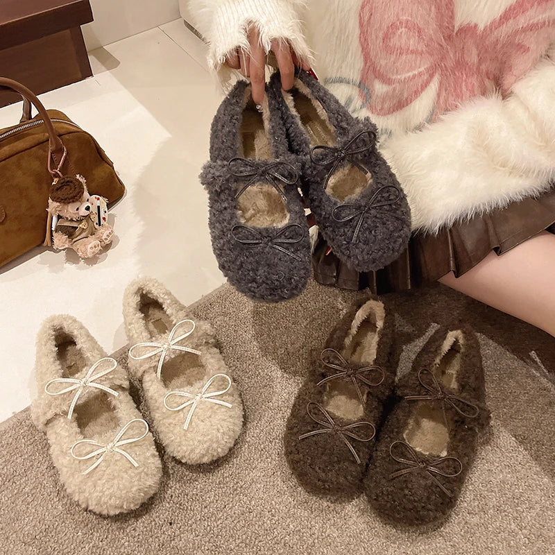 Women's Shearling Ballet Flats Strap Warm Rabbit Fur Plush Lined