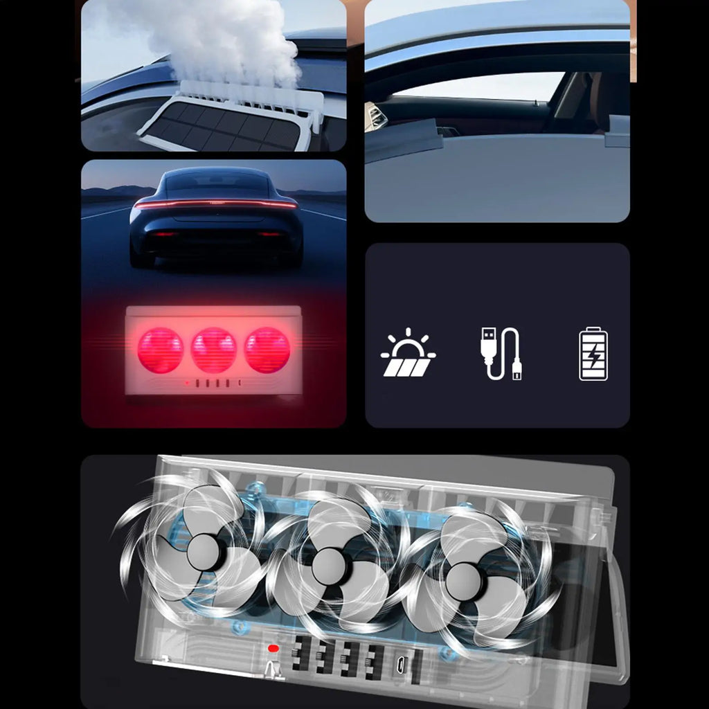 Solar Car Fan Air Purifier 3 Outlets Exhaust Cooling Ventilator Light