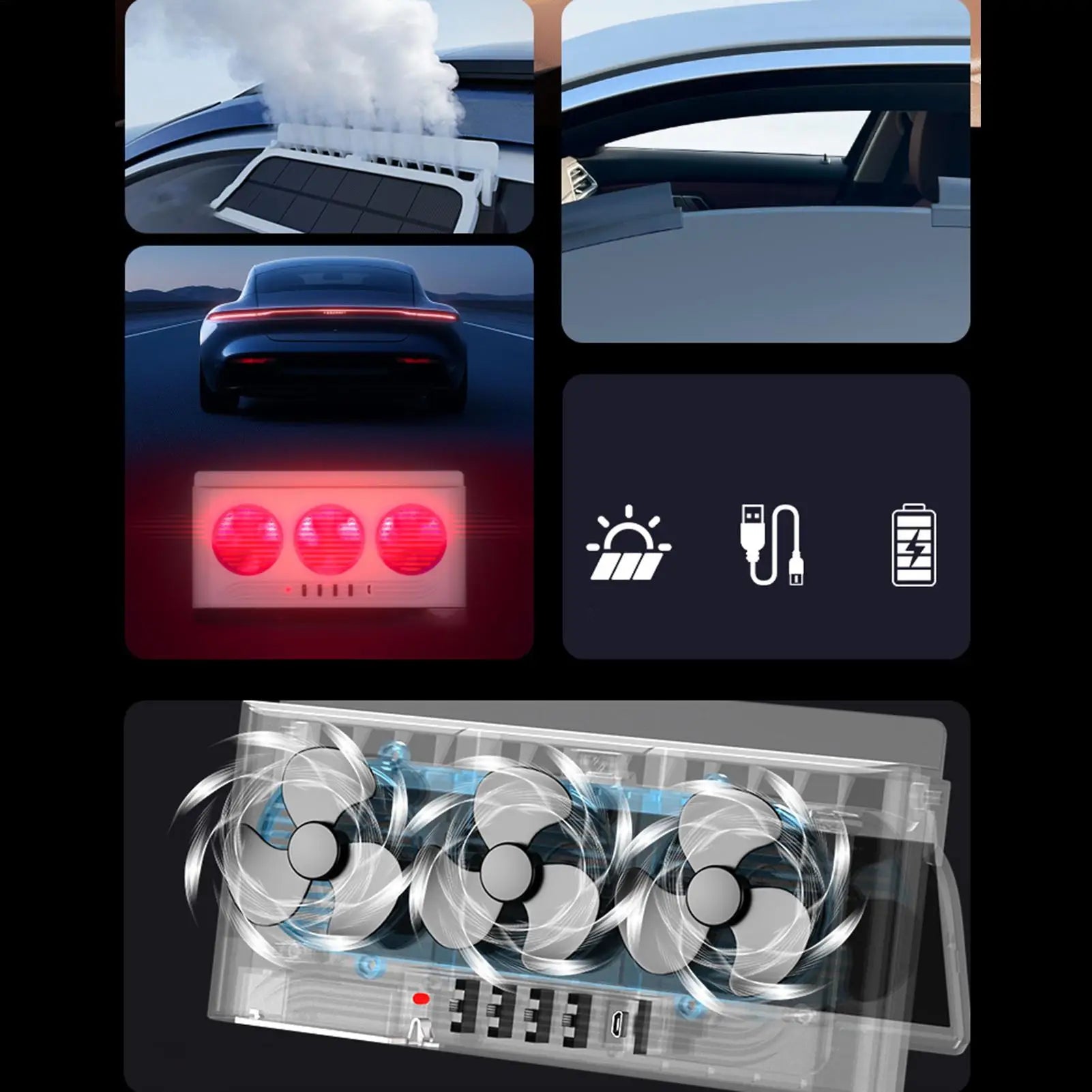 Solar Car Fan Air Purifier 3 Outlets Exhaust Cooling Ventilator Light