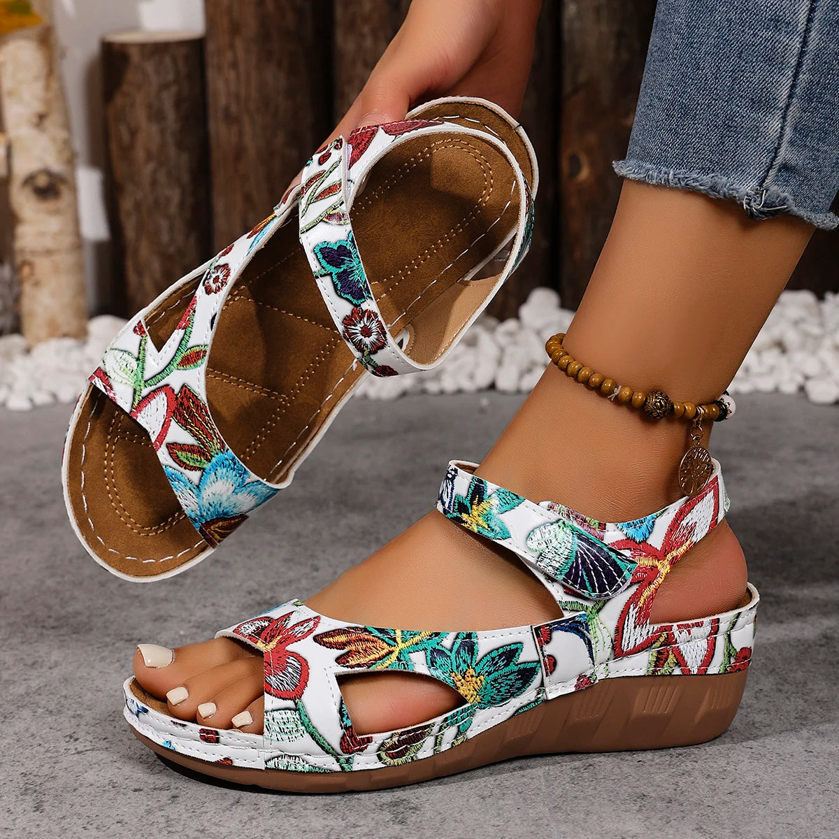 Women Sandals 2025 Summer Anti-slip Outdoor Casual Wedges Footwear Zpaxo Hundred red flowers 43