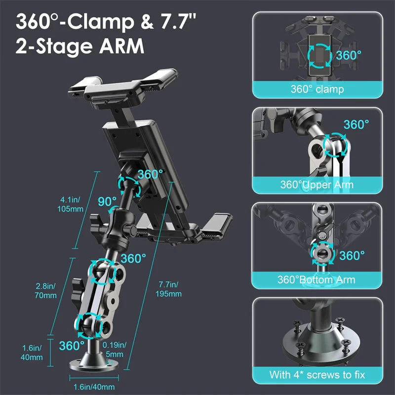 Heavy Duty Drill Base Aluminum Car Tablet & Phone Mount 360°