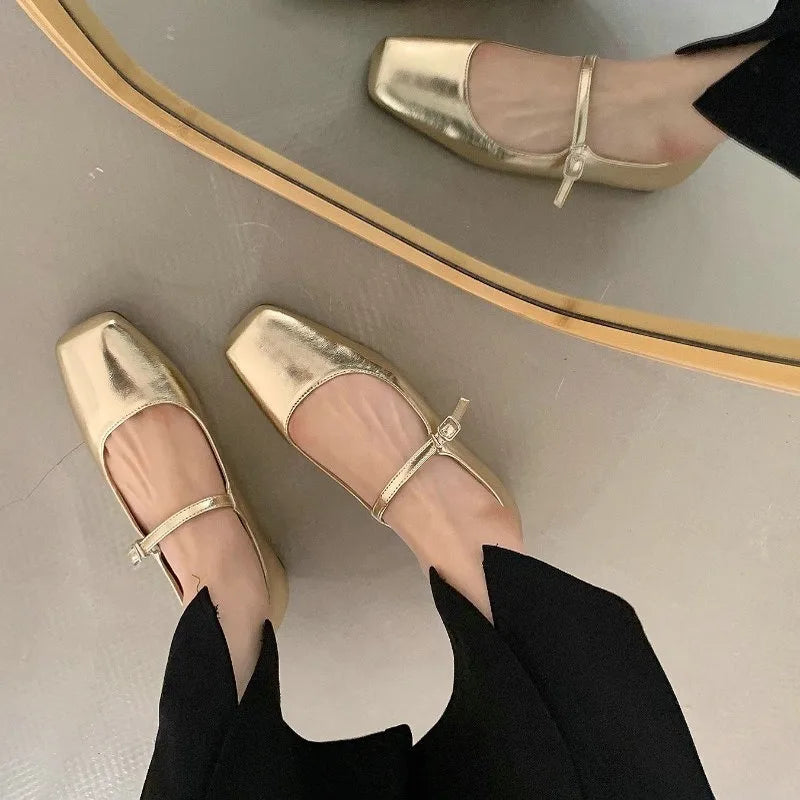 Flats Shoes for Women Spring Autumn Retro Square Toe Shallow Mouth Silver Shoe for Women New Flat Mary Jane Shoes Zpaxo