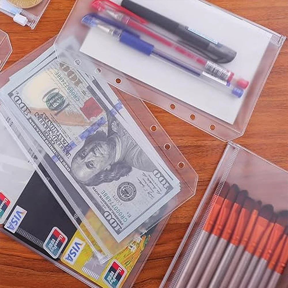 6/10Pcs A6 Binder Pockets with Zippers Clear Binder Inserts 6-Ring Budget Cash Envelopes for Student School Office Supplies Zpaxo