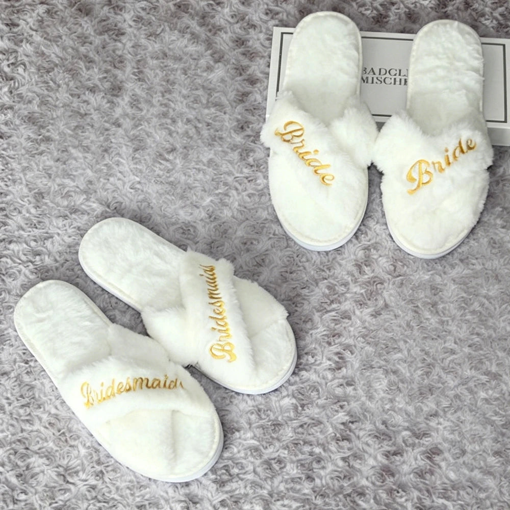 Wedding Bride Slippers Bridesmaid Slippers Embroidered Plush Open Toe Slippers Gifts for Bridal Shower Bachelorette Party Zpaxo
