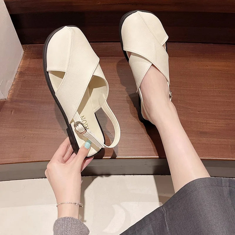 Women's Round Closed Toe Solid Vintage Comfortable Sandals Summer Zpaxo Beige 35