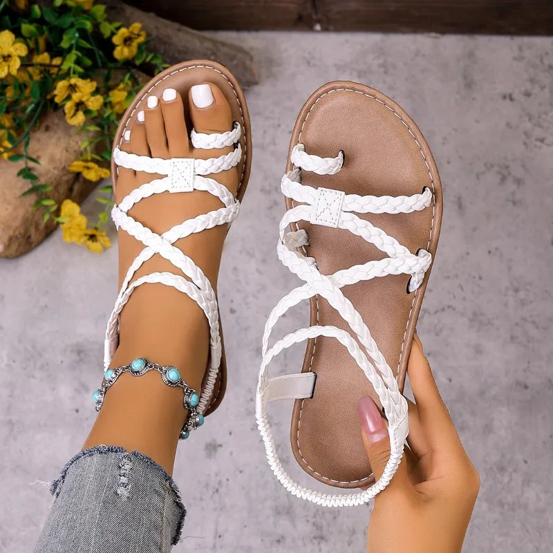 Open Toe Women's Sandals Beach Woven Hollow Women Casual Clip Flats Zpaxo