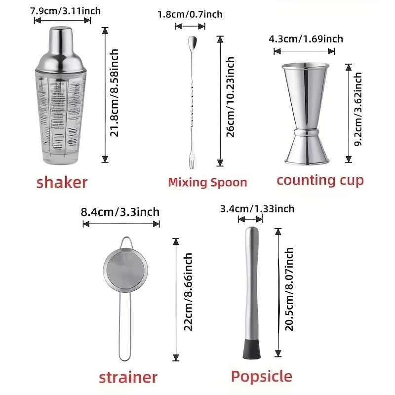 Bar Stainless Steel Cocktail Shaker 5-piece Glass Mixing Tool Home Zpaxo