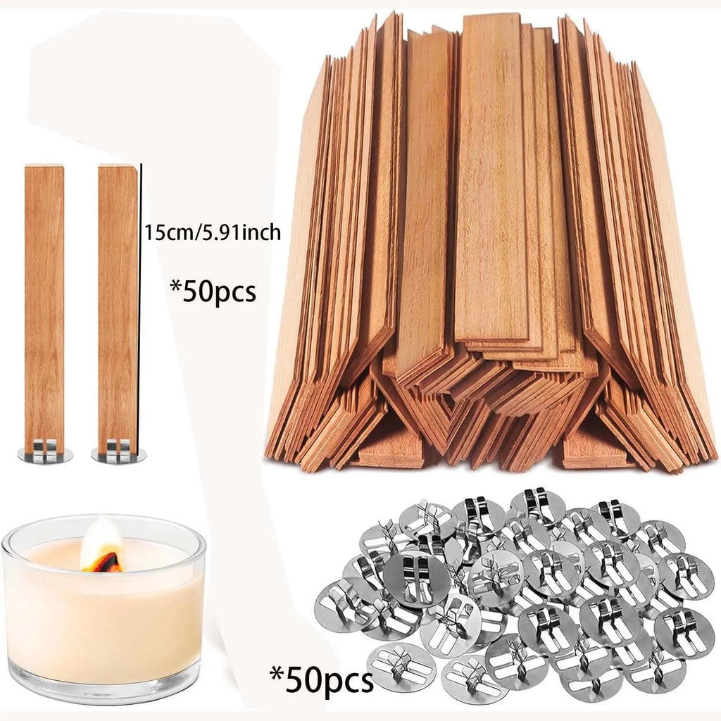 50pcs Set Wooden Candles Wick DIY Candle Making Kit Smokeless Candle Core with Clip Base Handmade Candle Wood Core Candlewick Zpaxo 15cm