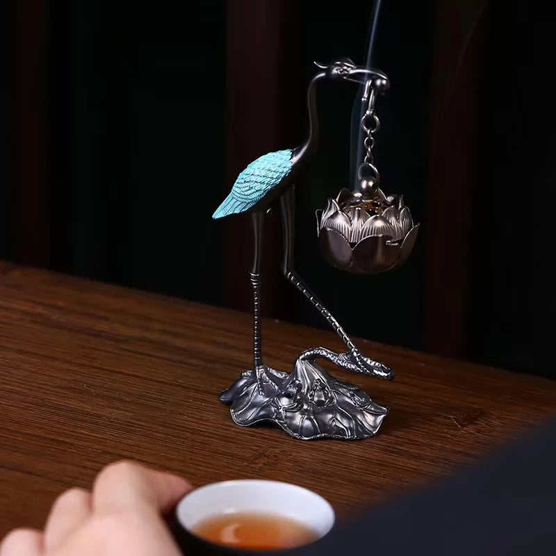 Crane Lotus Incense Burner Chinese Zen-style Reverse-flow Holder