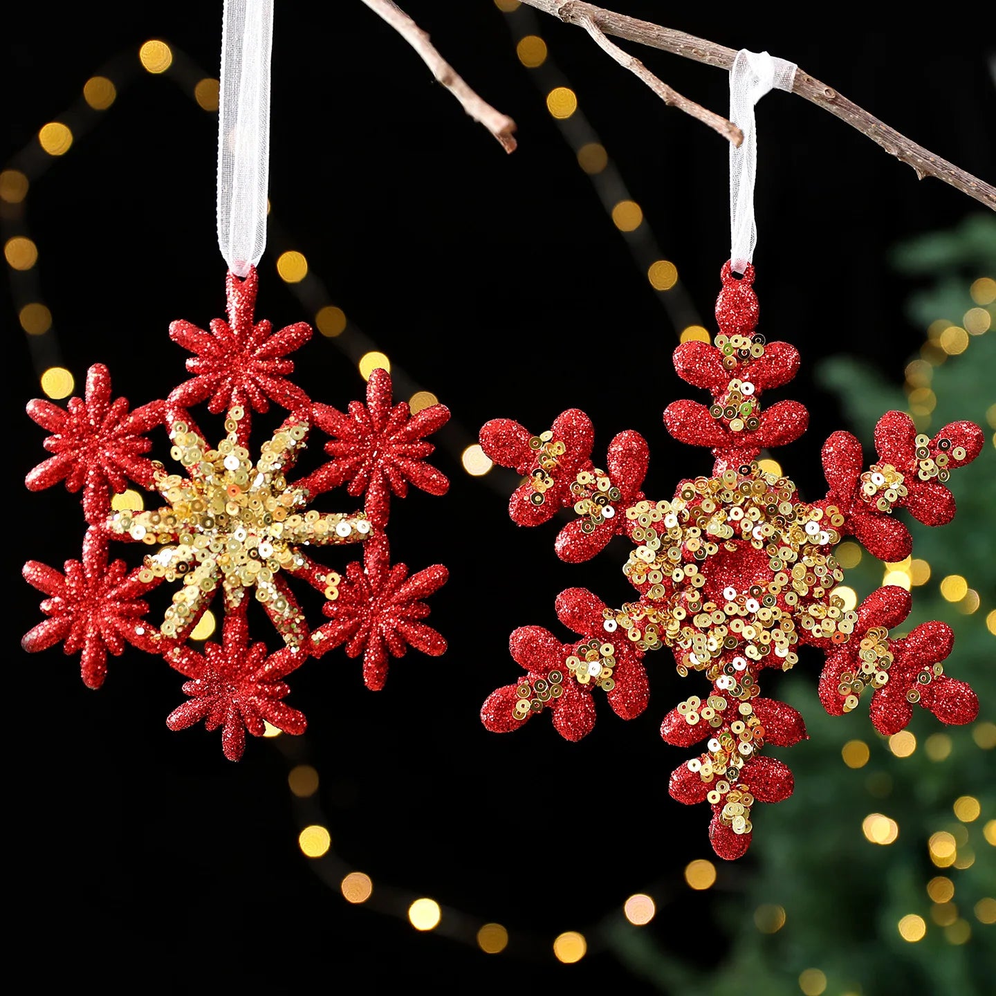 Red Glitter Christmas Pendant – Snowflake & Bow Tree Ornament