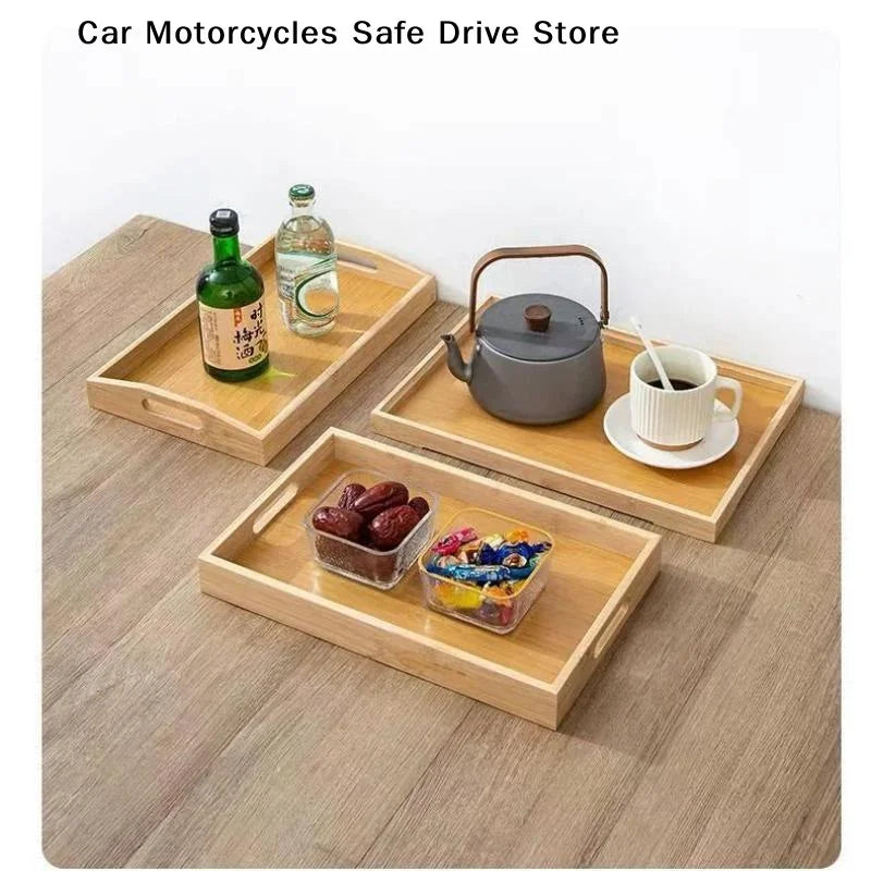 MJapanese-Style Serving Tray Bamboo Handles Rectangular Tea Breakfast