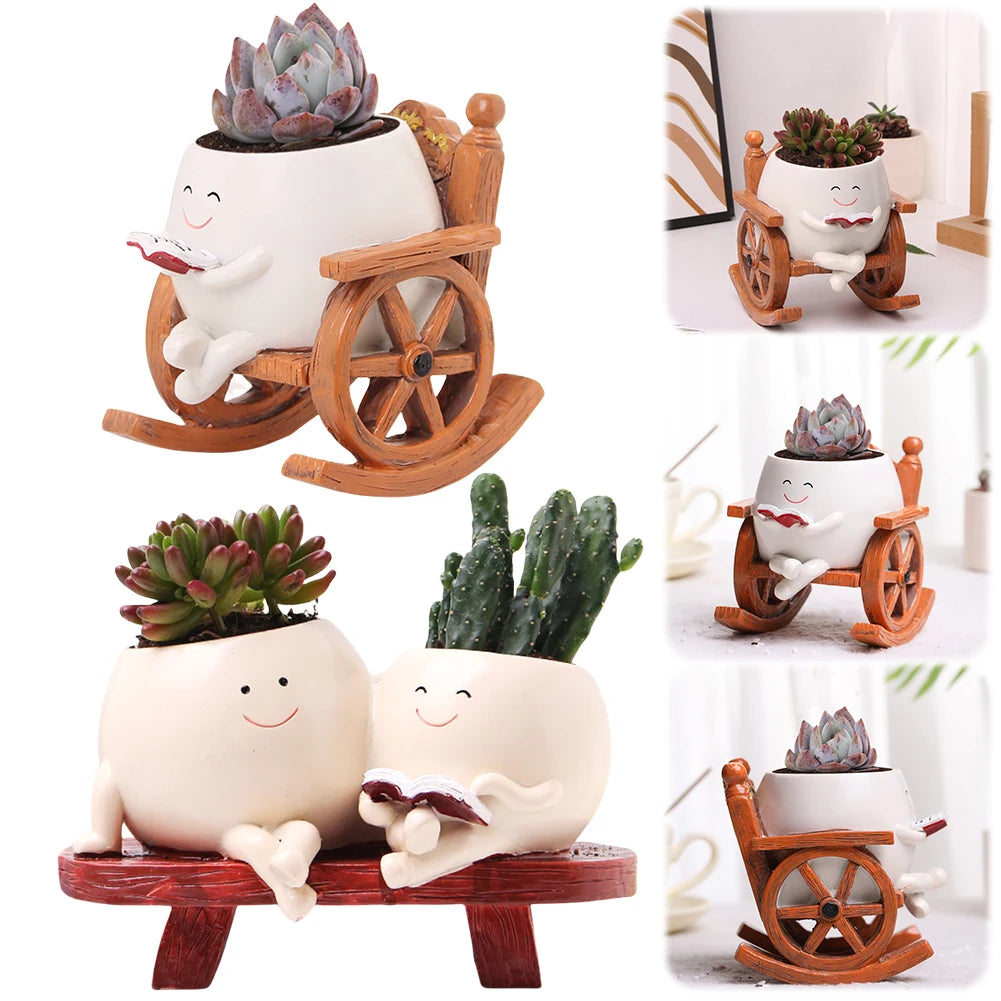 Face Plant Pots Decorative Flower Pot Chair Reading Succulent Smile