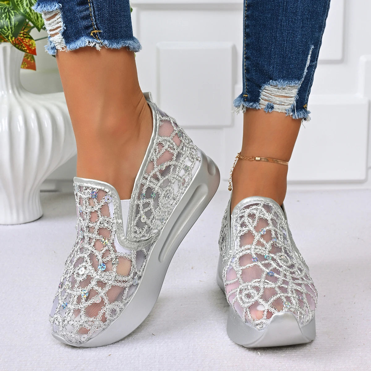 Platform Wedges Women Sneakers Comfortable Lightweight Embroidery Mesh Sneakers Women Slip on Casual Comfy Heeled Shoes Woman Zpaxo