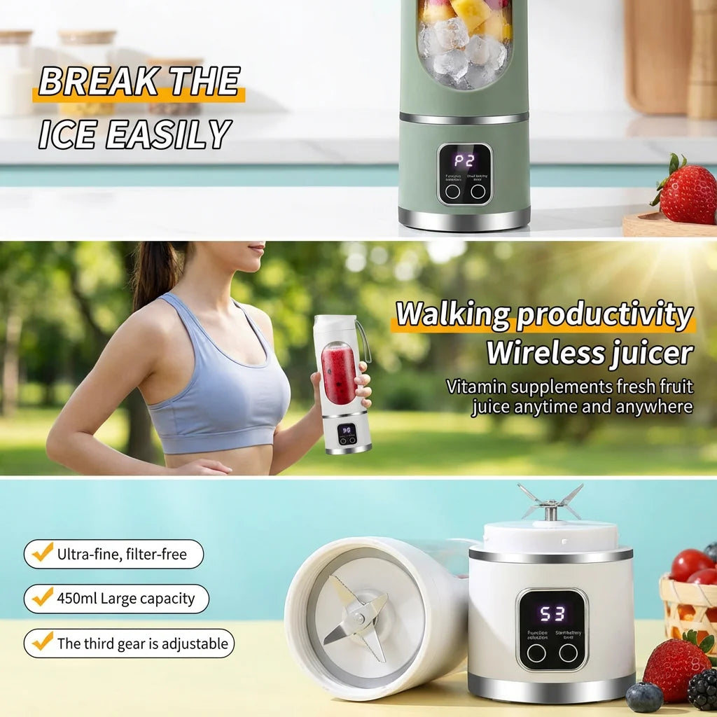 2025 Mini Electric Juicer with Powerful Motor 450ML Large Capacity Digital Display Crushed Ice Household Charging Juice Cup Zpaxo