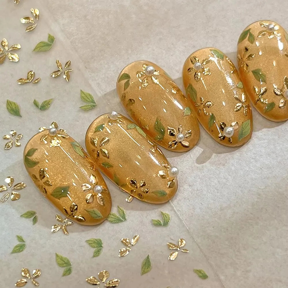 Golden Leaf Nail Sticker Bronzing Spring Flowers Adhesive Cup Stickers Five Petal Flower Backing Blossom Decal Nail Art Sticker Zpaxo