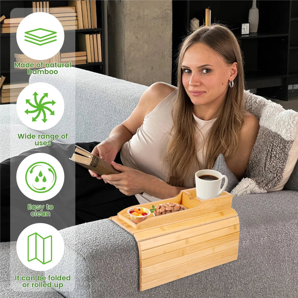 Bamboo Sofa Armrest Tray – Anti-Slip Foldable Couch Cup Holder Sofa Armrest Tray Zpaxo