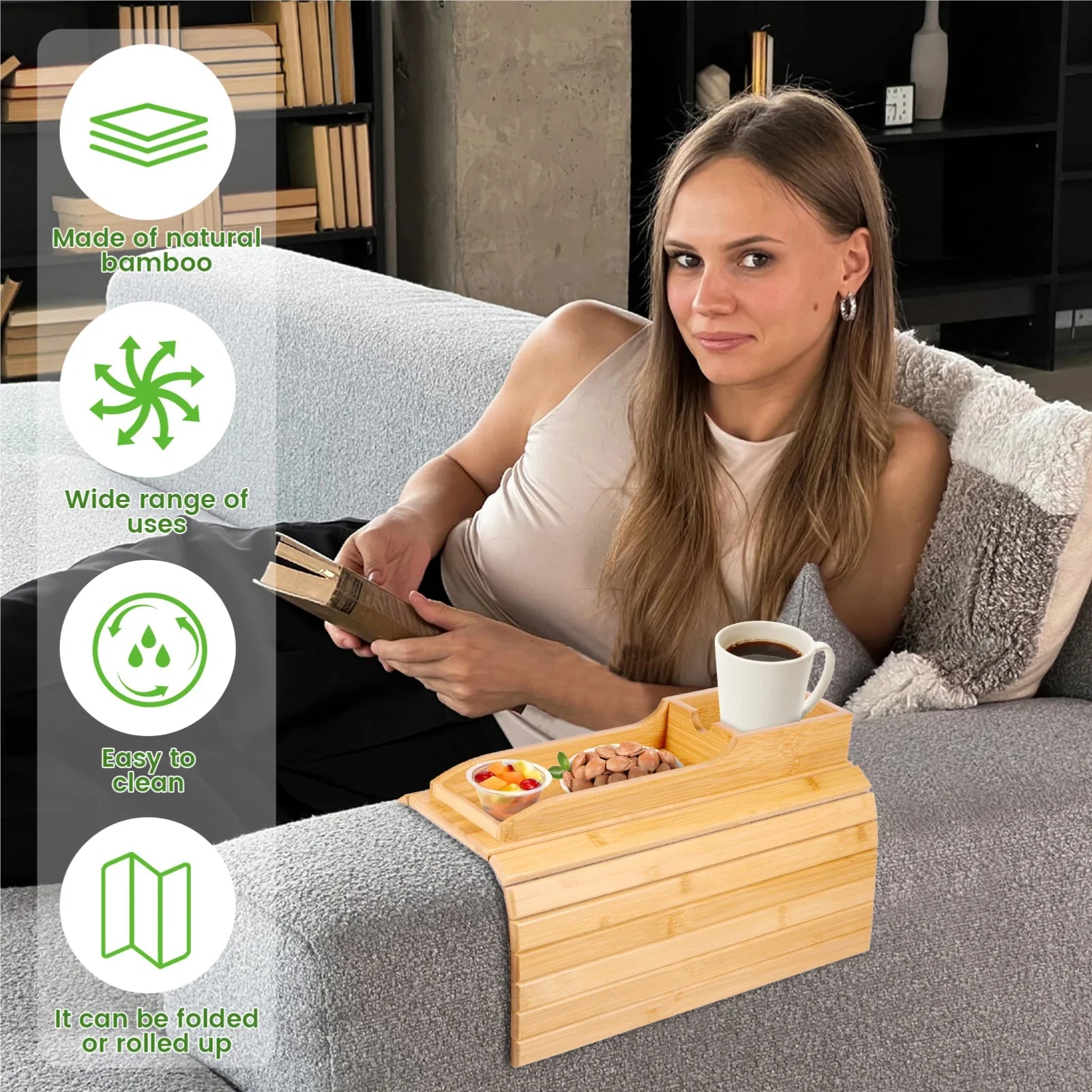 Bamboo Sofa Armrest Tray – Anti-Slip Foldable Couch Cup Holder Sofa Armrest Tray Zpaxo