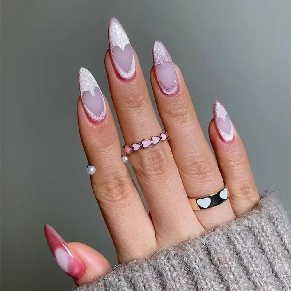 Long Almond False Nails French Leopard Star Press Fake DIY Manicure