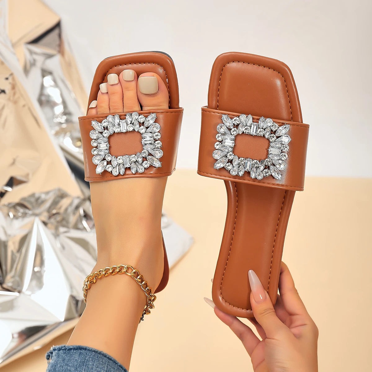 Women Slippers Square Head Flat Shoes Korean Open Toe Solid Zpaxo Brown 39