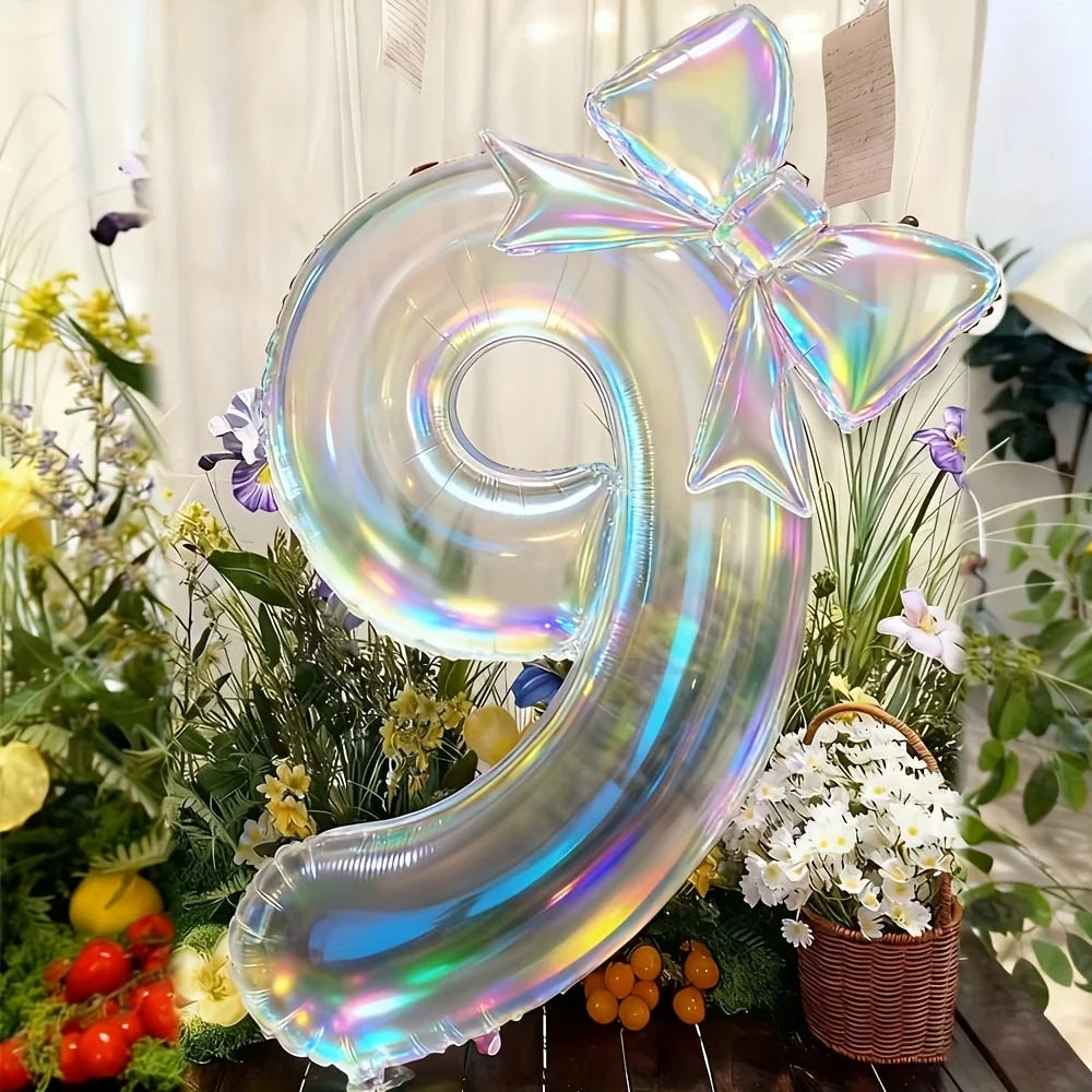 Number 0-9 Foil Balloons Large Iridescent Transparent 24-inch Bow Zpaxo 9 40inch