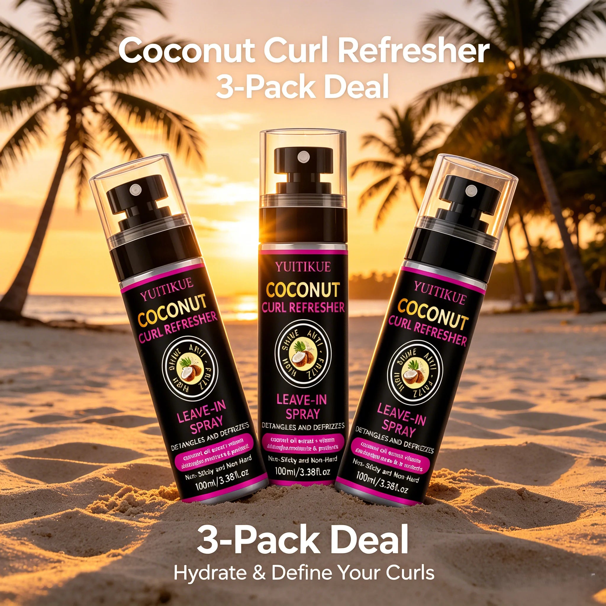 YUITIKUE Coconut Curl Refresher Spray | Leave-In Detangler Curl Refresher Spray Zpaxo 3pc