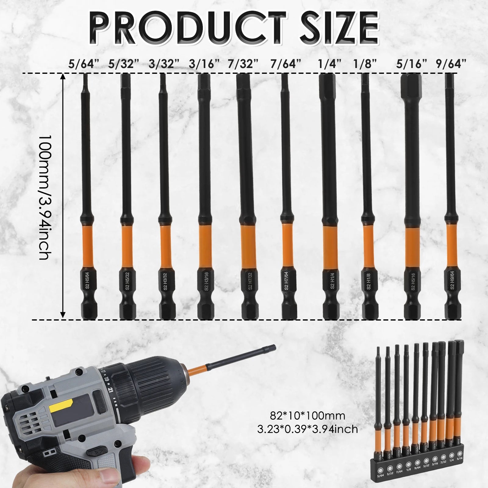 20/10pcs Impact Allen Wrench Drill Bit Set Metric & SAE 1/4" Hex-Shank S2 Steel Hex Bits CNC Machined Tips with Magnetism 4" Lon Zpaxo SEA 10pcs 100mm 4inch