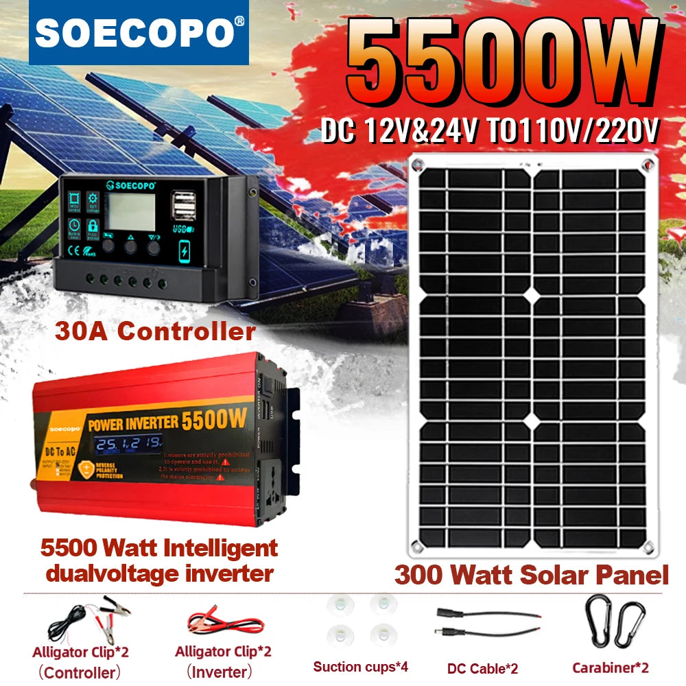 5500W Complete Solar Off-Grid System Panel 30A Controller and Inverter for Home RV Camping Backup Power and Off-Grid Application Zpaxo 12V TO 220V