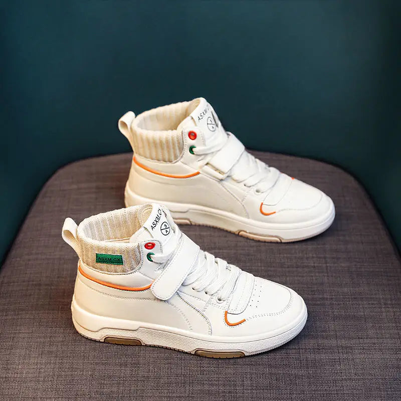 Knitted Cuff Sneakers Women Hook Loop Strap Lace Up Design Orange Zpaxo