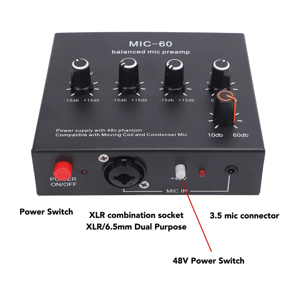 Balanced Mic Preamp 60db Gain Portable Enhance Sound Aluminum Alloy