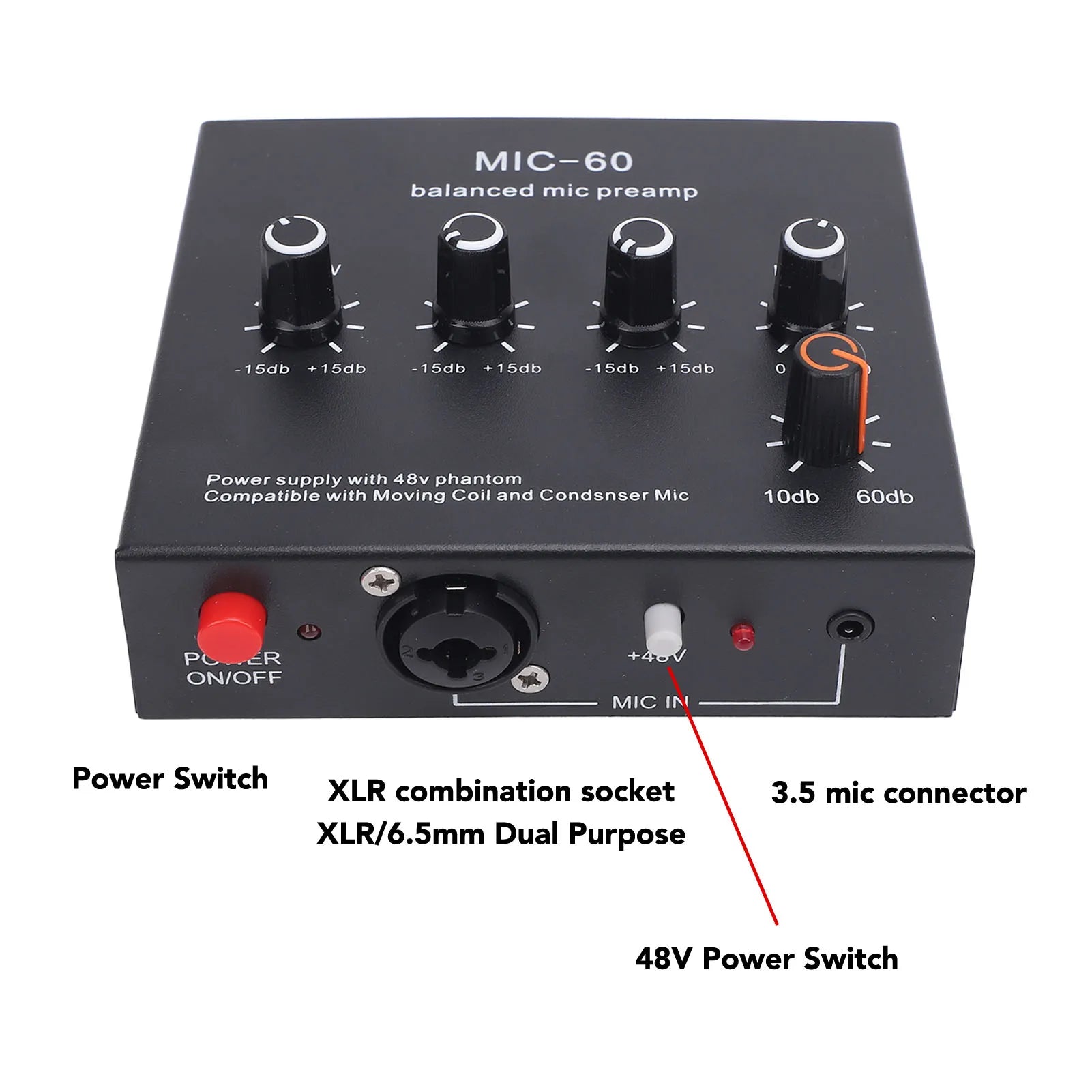 Balanced Mic Preamp 60db Gain Portable Enhance Sound Aluminum Alloy