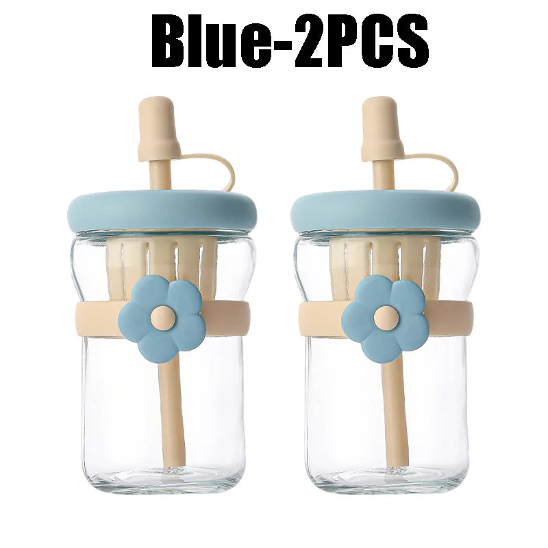 Glass Flower Cartoon Tea Strainer Cold Brew Straw Tumbler Leak-proof Zpaxo Blue-2PCS 500ml