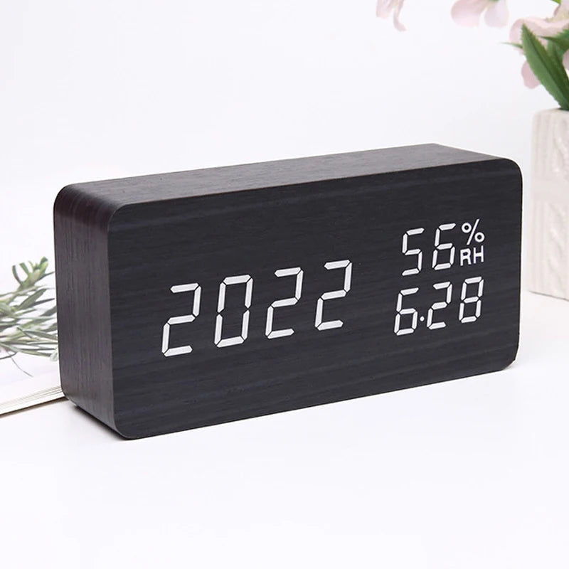 Wooden Temperature Humidity Display Clock Simple LED Silent Desktop