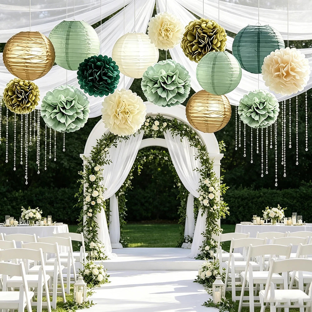 Sage Green Party Decorations Paper Lanterns Pom Poms Tissue Flower