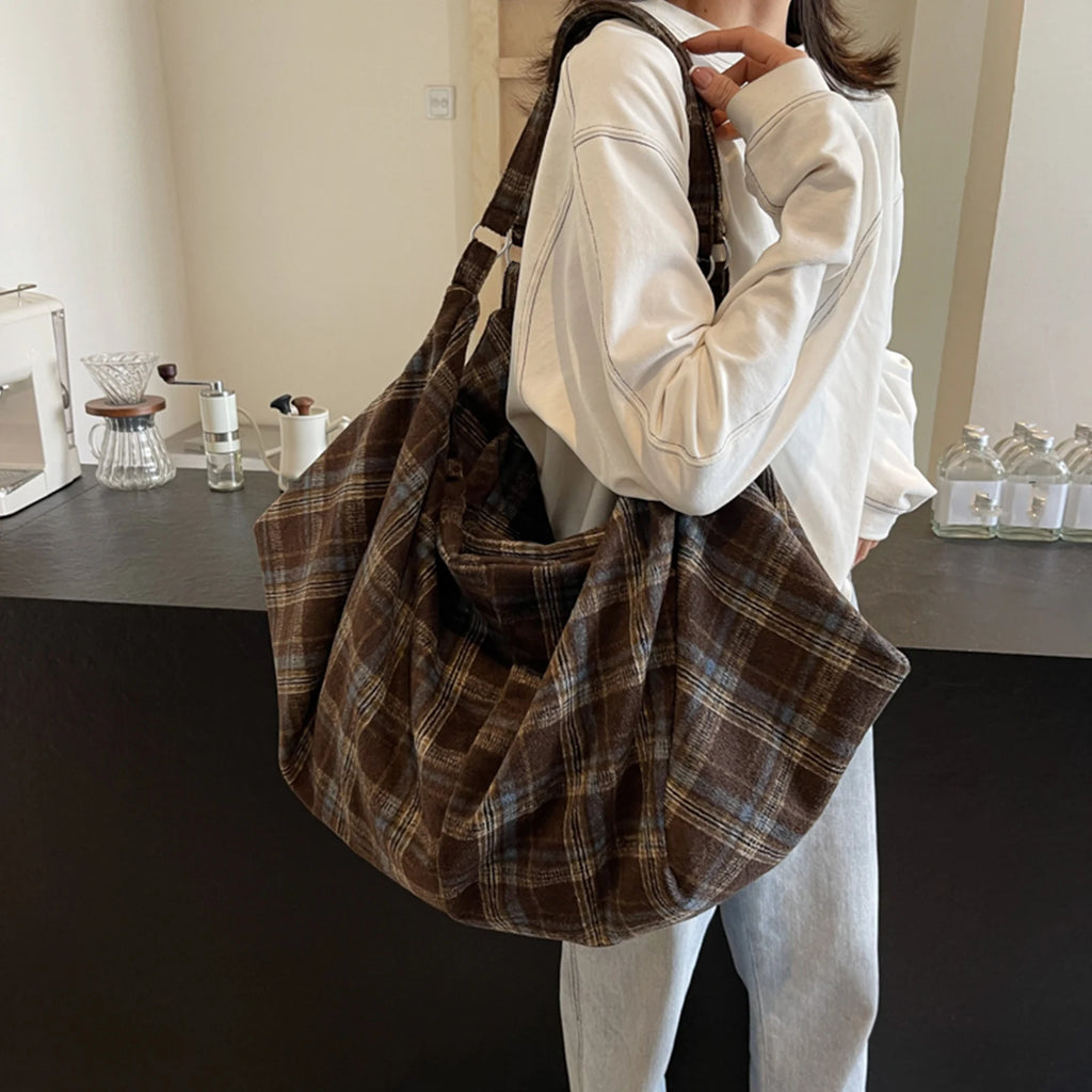Women Girls Canvas Plaid Underarm Shoulder Bag Adjustable Strap Zpaxo Coffee