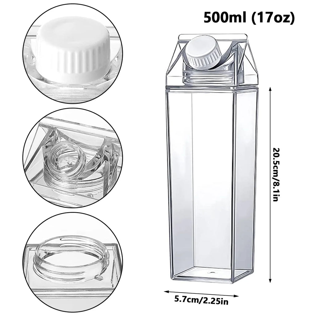 Reusable Clear Milk Carton Water Bottle 500ml / 1000ml Leak-proof Milk Box Water Bottle Portable Milk Bottles Water for Travel Zpaxo 500ml