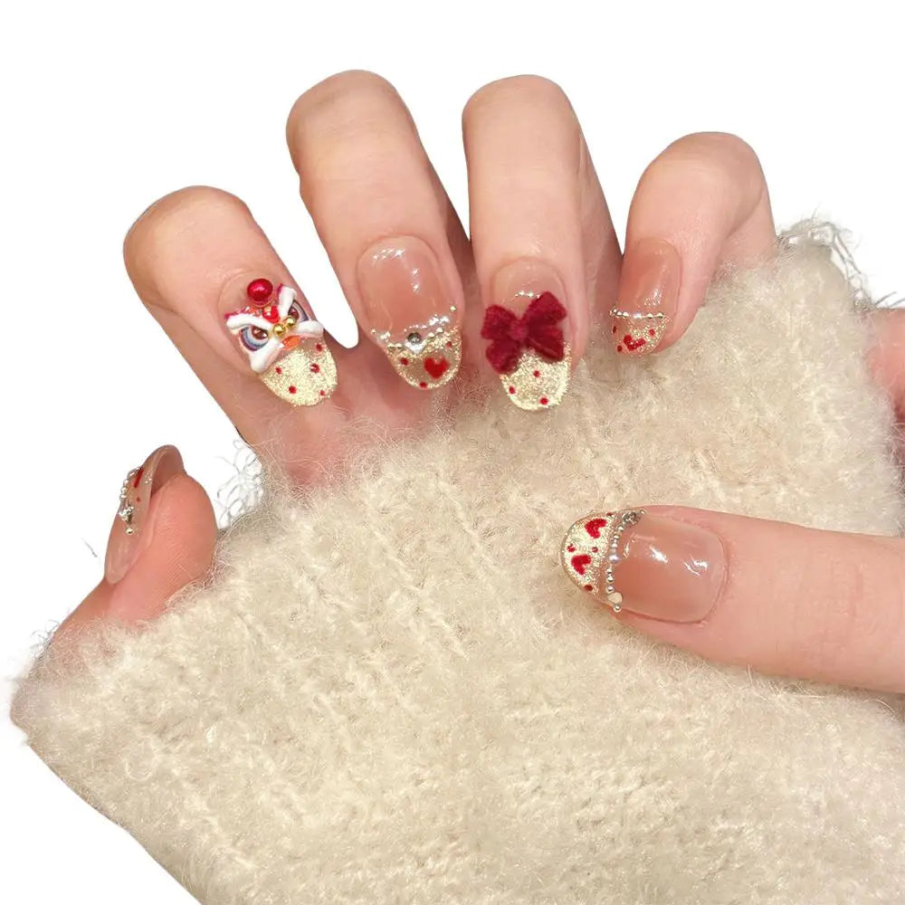 3D Waking Lion Fake Nails Year's Fortune False Nail Tips Girl Press Zpaxo