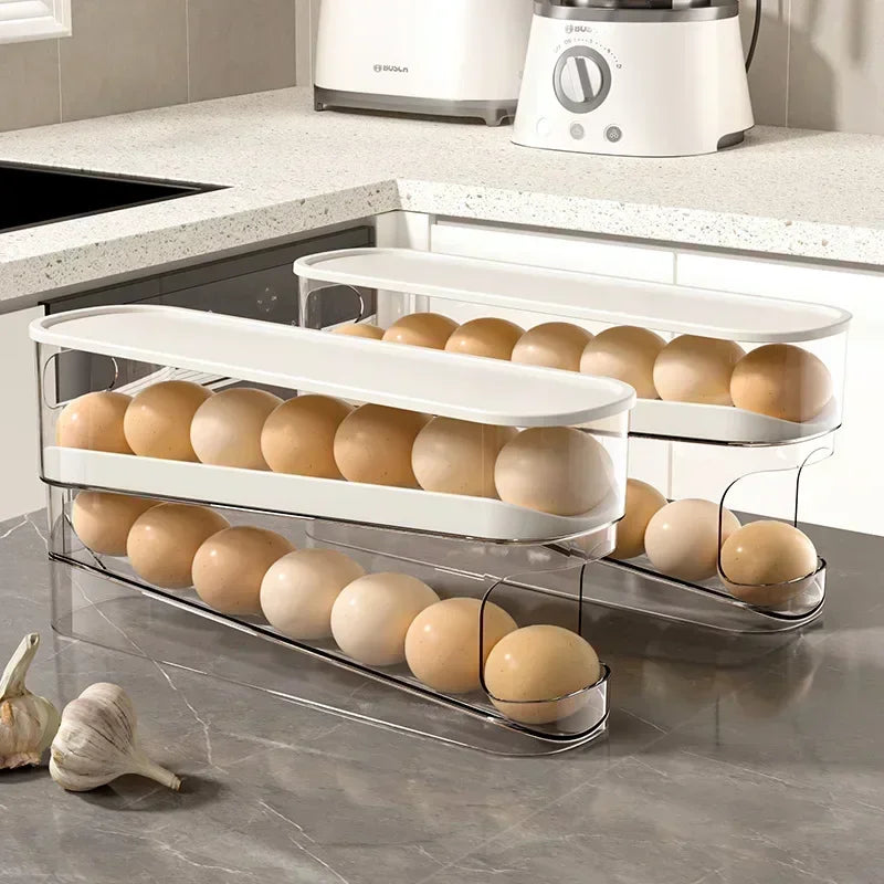 2-Tier Automatic Rolling Egg Dispenser Stair-style Storage Organizer