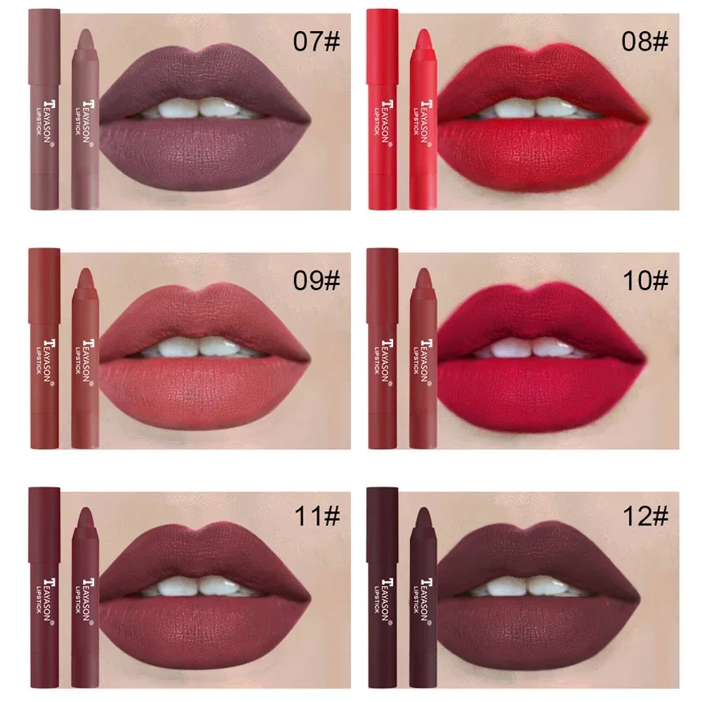 12Colors Natural Matte Lipstick Pencil Silk Lip Glaze Waterproof Lipstick Sexy Long Lasting Makeup Non-Stick Cup Lip Tint Zpaxo