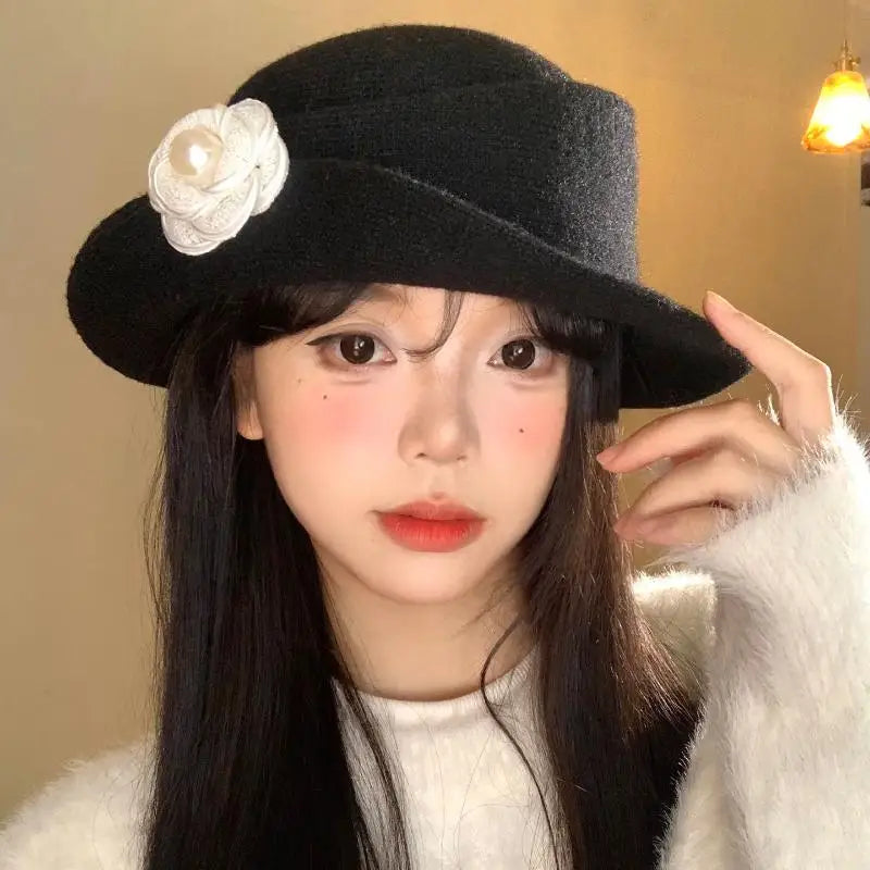 Vintage Chic Ruffled Camellia Heiress Winter Cap Women French-style Zpaxo