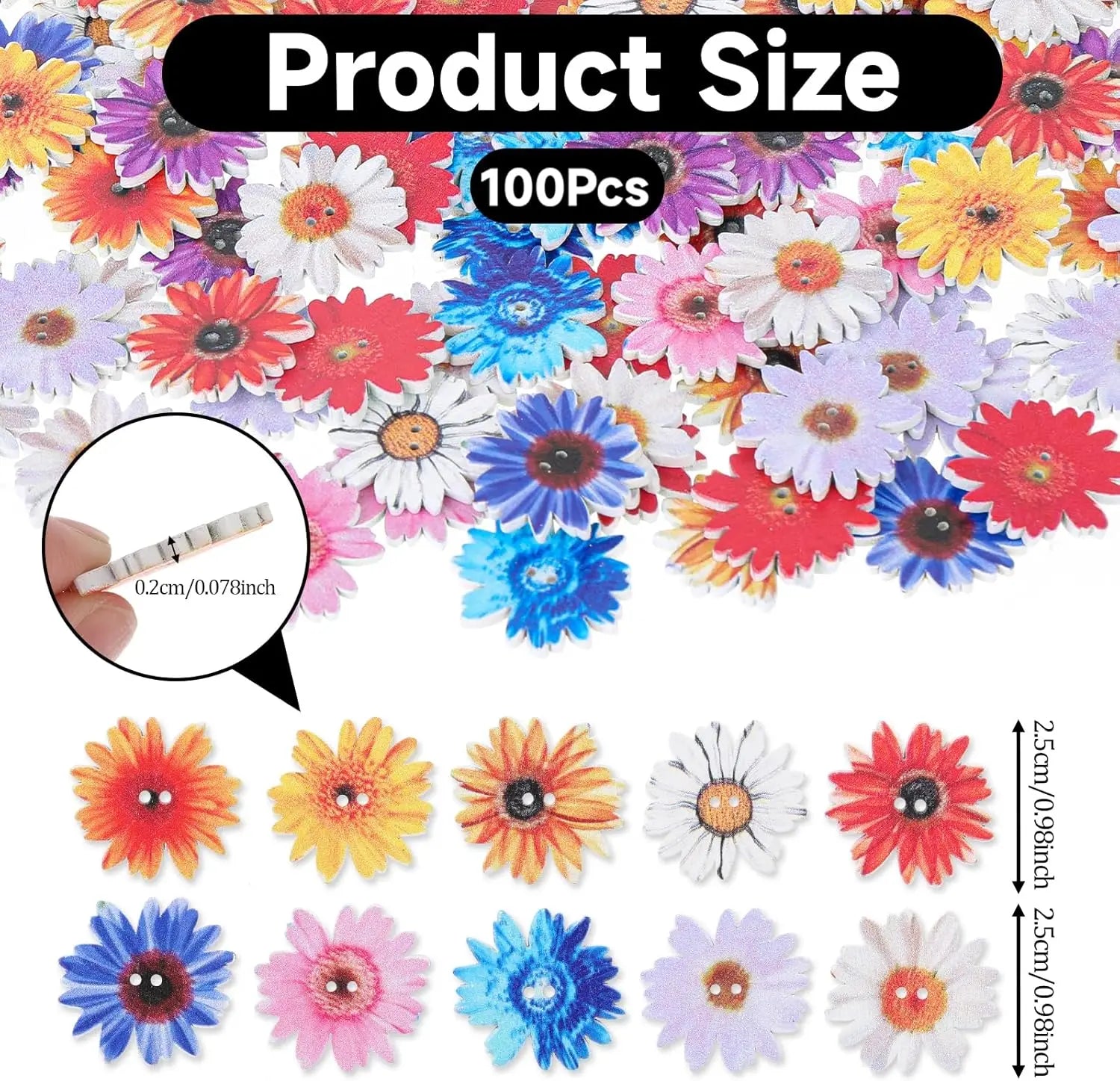Wood Daisy Flower Buttons 25mm – 2-Hole Painted DIY Craft Buttons Wooden Craft Buttons Zpaxo